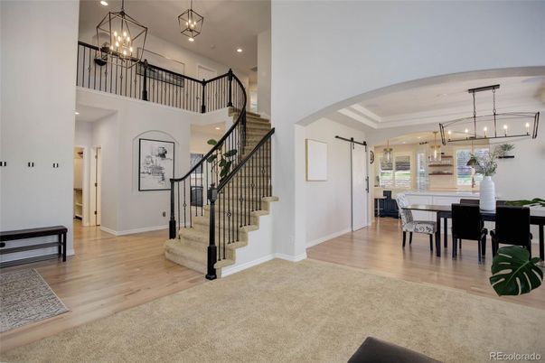 Chandelier, Dining room, Interior, Pendant Lights, Recessed Lighting, Wood Texture Flooring