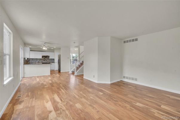 Empty room, Interior, Kitchen, Recessed Lighting, Wood Texture Flooring