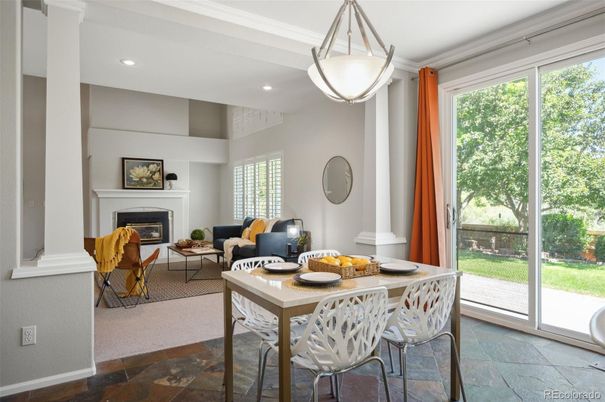 Dining room, Fireplace, Interior, Living room, Recessed Lighting