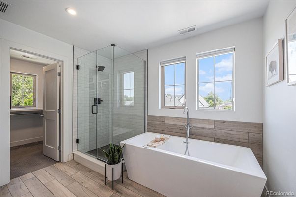 Bathroom, Free Standing Baths, Glass Shower, Interior, Recessed Lighting, Wood Texture Flooring