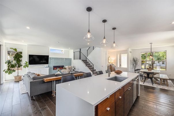 Dining room, Fireplace, Interior, Kitchen, Living room, Pendant Lights, Recessed Lighting, Wood Texture Flooring