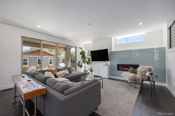 Fireplace, Interior, Living room, Recessed Lighting, Wood Texture Flooring