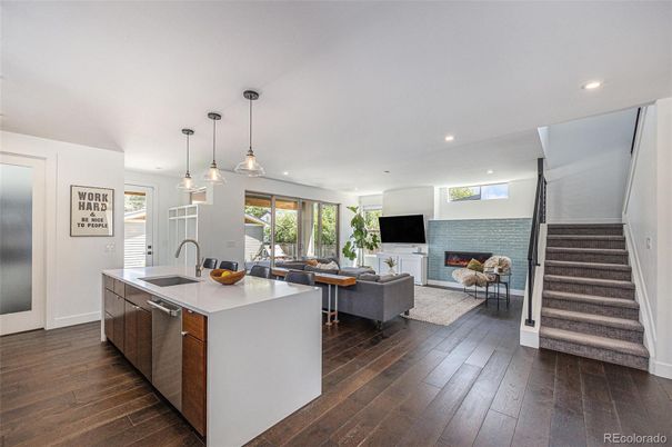 Fireplace, Interior, Kitchen, Living room, Pendant Lights, Recessed Lighting, Wood Texture Flooring