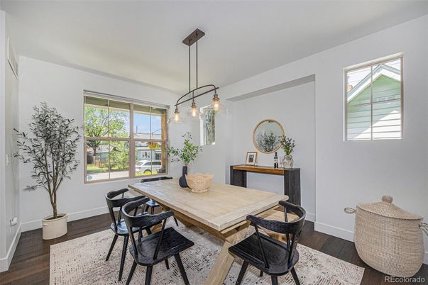 Dining room, Interior, Pendant Lights, Wood Texture Flooring
