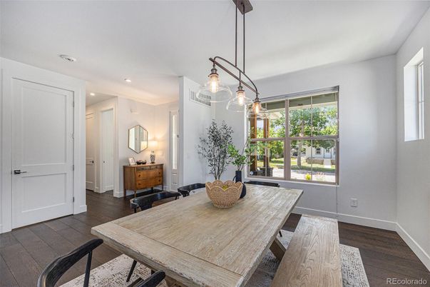 Dining room, Interior, Pendant Lights, Recessed Lighting, Wood Texture Flooring