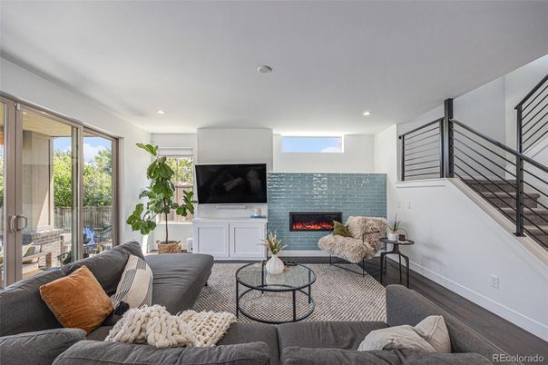 Fireplace, Interior, Living room, Recessed Lighting, Wood Texture Flooring