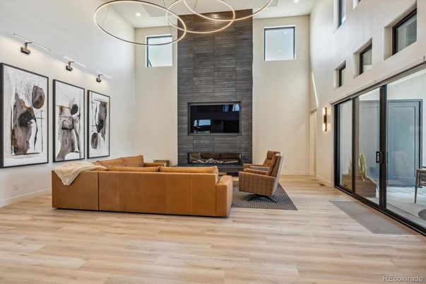 Fireplace, Interior, Living room, Pendant Lights, Recessed Lighting, Wood Texture Flooring
