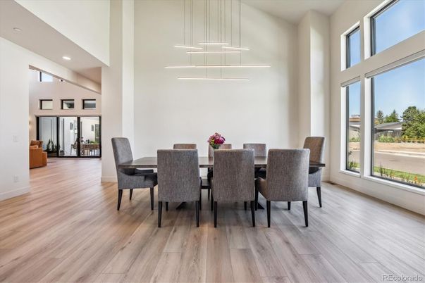 Dining room, Interior, Pendant Lights, Recessed Lighting, Wood Texture Flooring