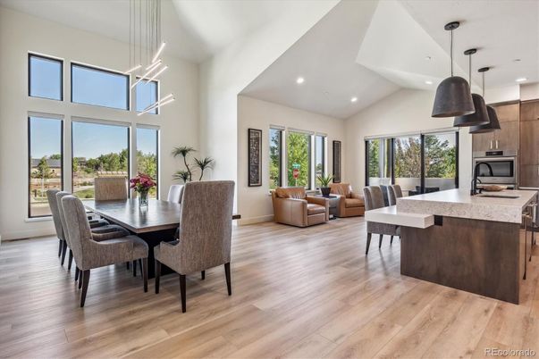 Dining room, Interior, Kitchen, Living room, Pendant Lights, Recessed Lighting, Wood Texture Flooring
