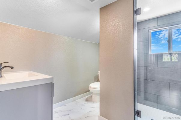 Bathroom, Glass Shower, Interior, Marble, Recessed Lighting