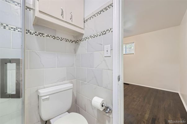 Bathroom, Interior, Marble Walls, Wood Texture Flooring