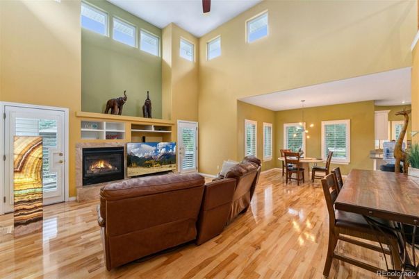 Dining room, Fireplace, Interior, Living room, Pendant Lights, Wood Texture Flooring