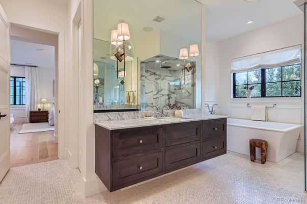 Bathroom, Free Standing Baths, Glass Shower, Interior, Marble Walls, Recessed Lighting, Wood Texture Flooring