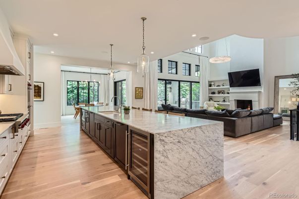 Fireplace, Interior, Kitchen, Living room, Pendant Lights, Recessed Lighting, Wood Texture Flooring