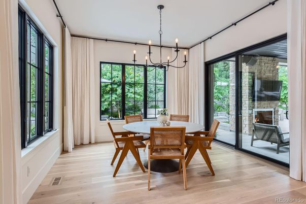 Chandelier, Dining room, Interior, Wood Texture Flooring