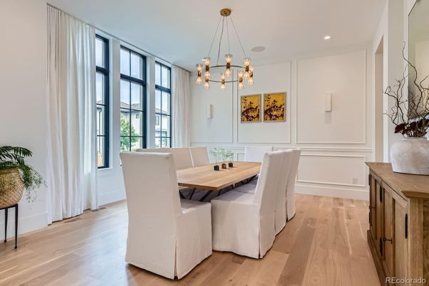 Dining room, Interior, Pendant Lights, Recessed Lighting, Wood Texture Flooring