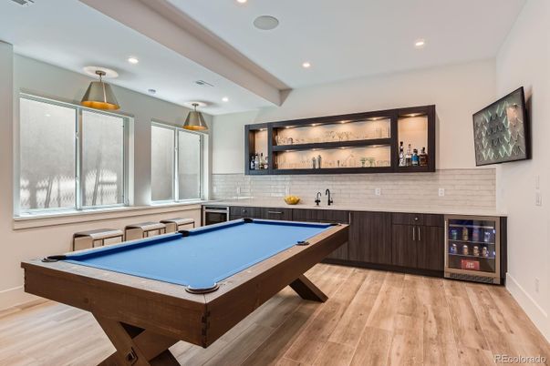 Billiard Table, Game Room, Interior, Recessed Lighting, Wood Texture Flooring