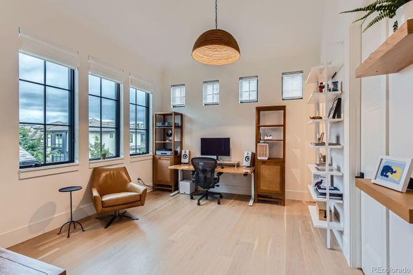 Home Office, Interior, Pendant Lights, Wood Texture Flooring
