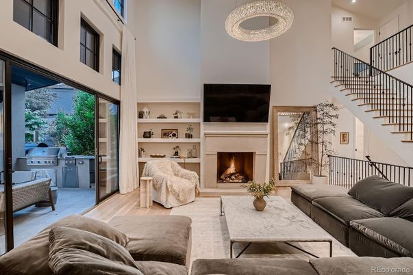 Fireplace, Interior, Living room, Pendant Lights, Recessed Lighting, Wood Texture Flooring