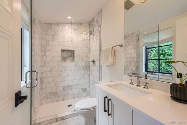 Bathroom, Glass Shower, Interior, Marble, Marble Walls, Recessed Lighting
