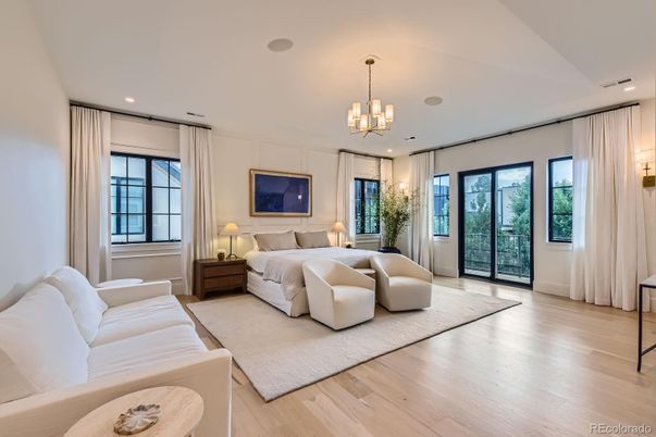 Bedroom, Chandelier, Interior, Recessed Lighting, Wood Texture Flooring