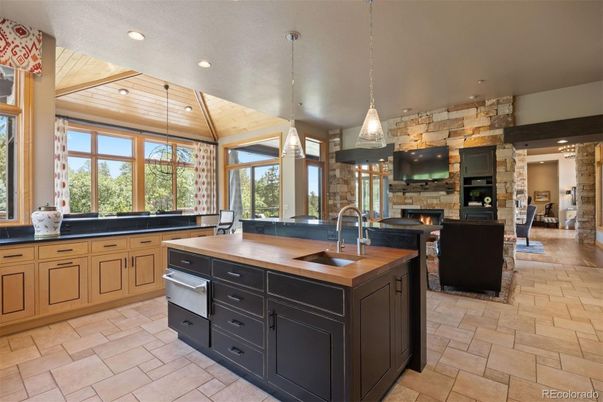 Fireplace, Interior, Kitchen, Living room, Pendant Lights, Recessed Lighting, Stone Walls, Wooden Ceilings