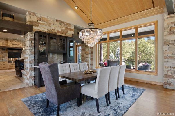 Chandelier, Dining room, Interior, Recessed Lighting, Stone Walls, Wooden Ceilings, Wood Texture Flooring