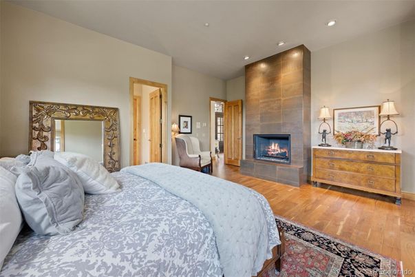 Bedroom, Fireplace, Interior, Recessed Lighting, Wood Texture Flooring