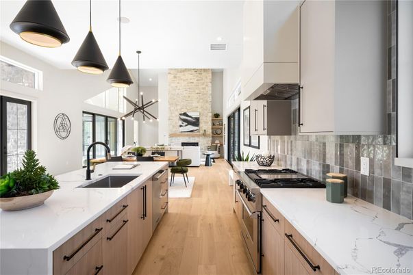 Fireplace, Interior, Kitchen, Pendant Lights, Recessed Lighting, Stainless Steel Appliances, Wood Texture Flooring