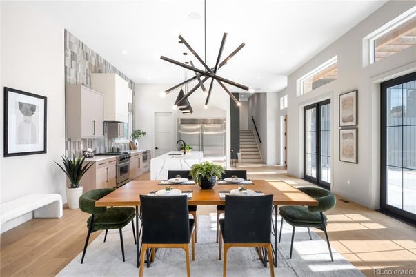 Dining room, Interior, Kitchen, Pendant Lights, Recessed Lighting, Stainless Steel Appliances, Wood Texture Flooring