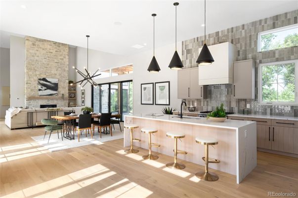 Dining room, Fireplace, Interior, Kitchen, Pendant Lights, Recessed Lighting, Stone Walls, Wood Texture Flooring