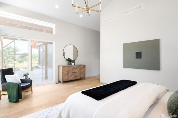Bedroom, Interior, Pendant Lights, Recessed Lighting, Wood Texture Flooring