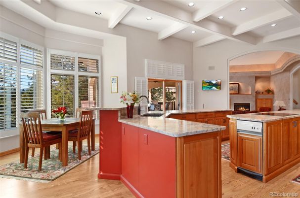 Dining room, Fireplace, Interior, Kitchen, Recessed Lighting, Wood Texture Flooring