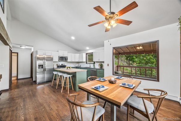 Dining room, Interior, Kitchen, Recessed Lighting, Stainless Steel Appliances, Wood Texture Flooring