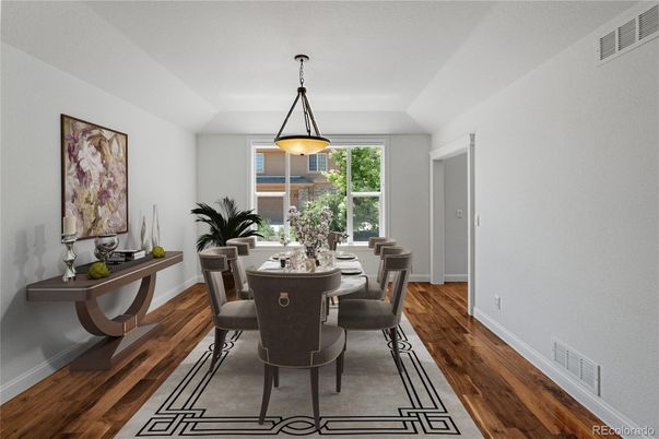 Dining room, Interior, Pendant Lights, Wood Texture Flooring