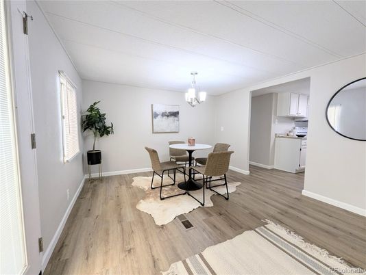 Chandelier, Dining room, Interior, Pendant Lights, Wood Texture Flooring