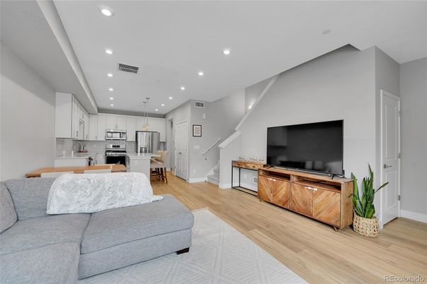 Interior, Kitchen, Living room, Pendant Lights, Recessed Lighting, Stainless Steel Appliances, Wood Texture Flooring
