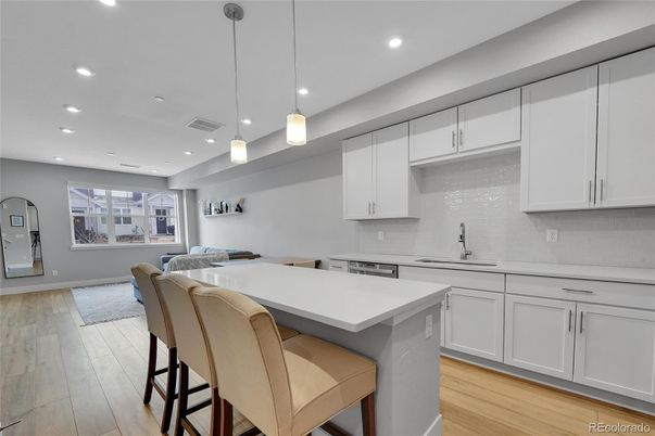 Interior, Kitchen, Pendant Lights, Recessed Lighting, Wood Texture Flooring