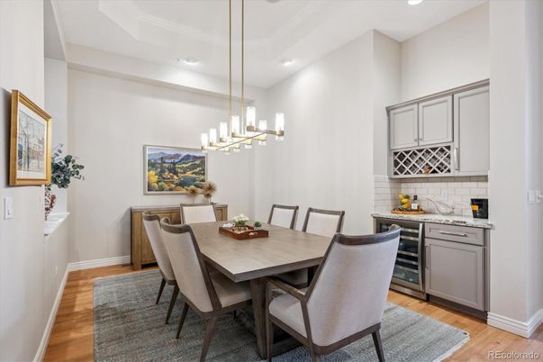 Dining room, Interior, Pendant Lights, Recessed Lighting, Wood Texture Flooring