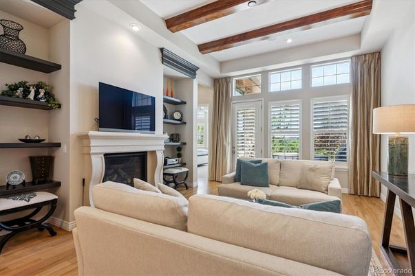 Fireplace, Interior, Living room, Recessed Lighting, Wooden Beams, Wood Texture Flooring