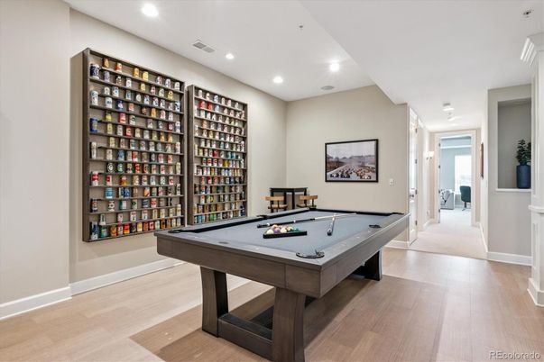Billiard Table, Game Room, Interior, Recessed Lighting, Wood Texture Flooring
