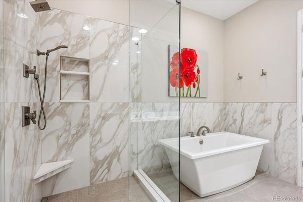 Bathroom, Free Standing Baths, Glass Shower, Interior, Marble Walls, Recessed Lighting