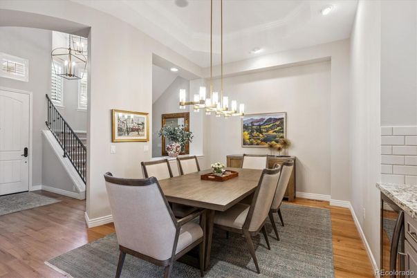 Dining room, Interior, Pendant Lights, Recessed Lighting, Wood Texture Flooring
