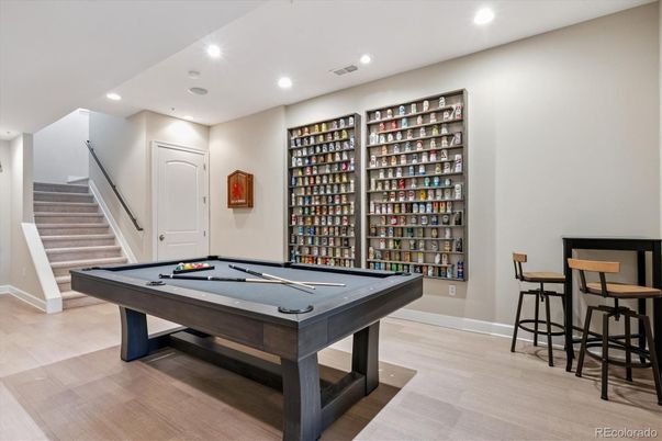 Billiard Table, Game Room, Interior, Recessed Lighting, Wood Texture Flooring