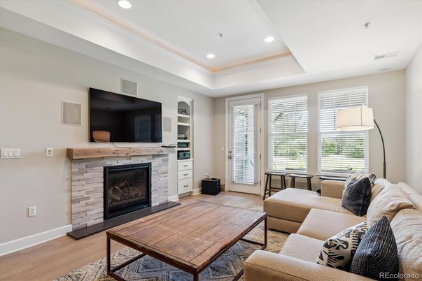Fireplace, Interior, Living room, Recessed Lighting, Wood Texture Flooring