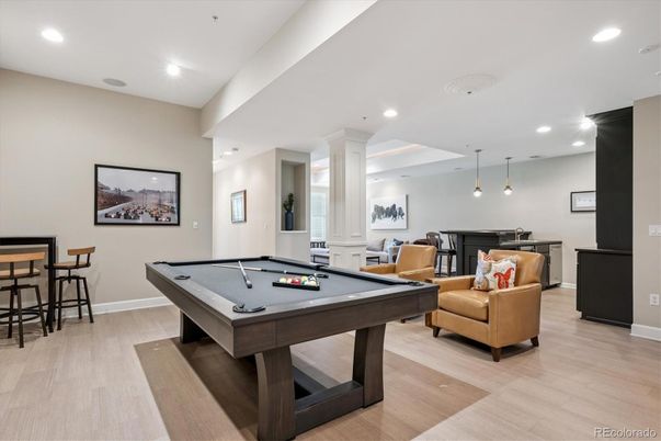 Billiard Table, Game Room, Interior, Pendant Lights, Recessed Lighting, Wood Texture Flooring
