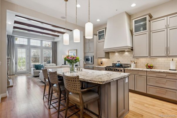 Interior, Kitchen, Living room, Pendant Lights, Recessed Lighting, Stainless Steel Appliances, Wooden Beams, Wood Texture Flooring