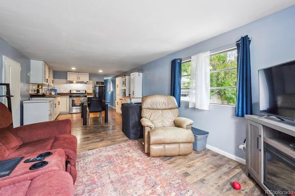 Interior, Kitchen, Living room, Recessed Lighting, Stainless Steel Appliances, Wood Texture Flooring