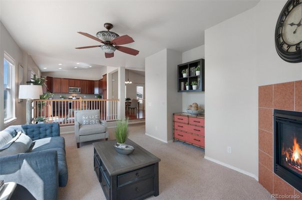 Fireplace, Interior, Kitchen, Living room, Pendant Lights, Recessed Lighting
