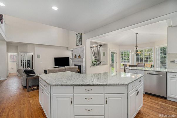 Fireplace, Interior, Kitchen, Pendant Lights, Recessed Lighting, Wood Texture Flooring